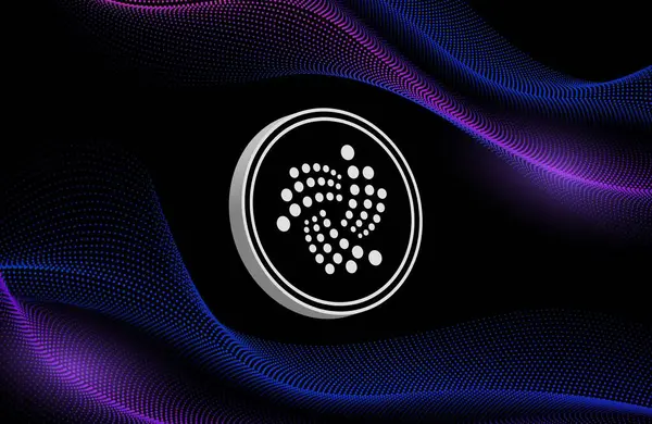 stock image Images of iota-miota cryptocurrency on digital background. 3d illustrations.