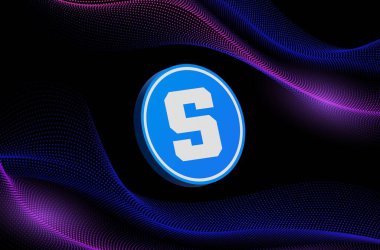  Soyut arka planda kum havuzu ve sanal para birimi logosu. 3d illüstrasyon.