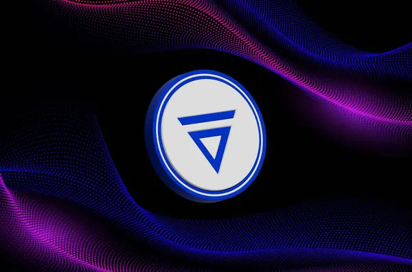 Dijital arkaplanda velas-vlx kripto para birimi logoları. 3d illüstrasyon.