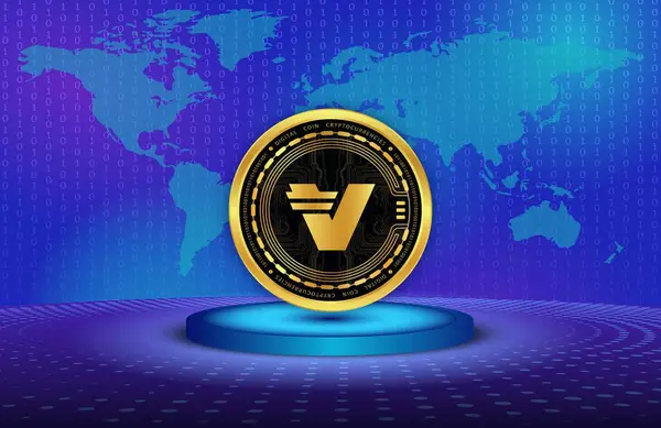 stock image image of verasity-vra virtual currency on a digital background. 3d illustration.