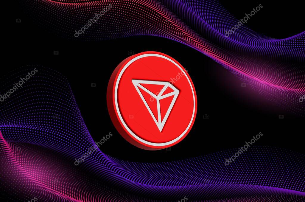 Images of tron-trx cryptocurrency on digital background. 3d illustrations.