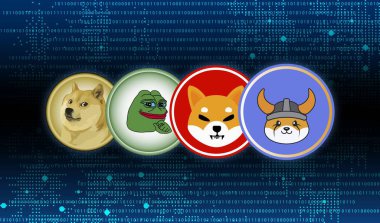 Dijital arkaplanda çeşitli memecoin logoları var. 3d illüstrasyon.