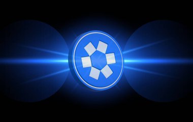 Dijital arkaplanda omni ağ-omni şifreli para birimi logoları. 3d illüstrasyon.