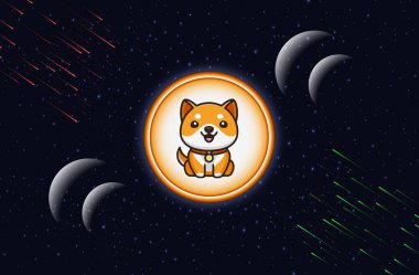 Bebek Doge dijital arka planda şifreli para birimi logoları. 3d illüstrasyon.