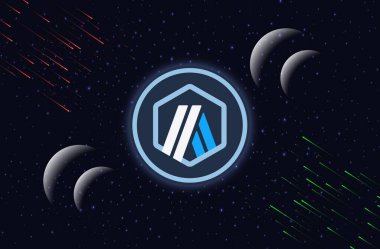 Arbitrum-yay sanal para biriminin dijital arkaplandaki görüntüsü. 3d illüstrasyon.