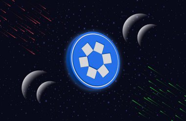 Dijital arkaplanda omni ağ-omni şifreli para birimi logoları. 3d illüstrasyon.