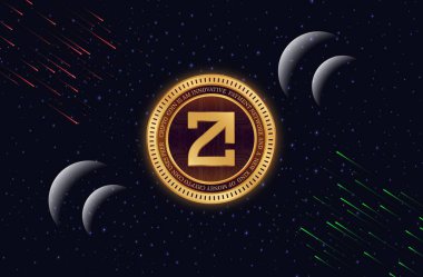 Soyut arkaplanda zetachain-zeta kripto para birimi logosu çizimleri. 3d illüstrasyon.