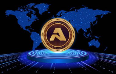 Dijital arkaplanda aethir-ath para kripto para birimi resmi. 3d illüstrasyon.