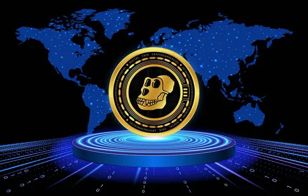 stock image Image of apecoin virtual currency on a digital background. 3d illustration.