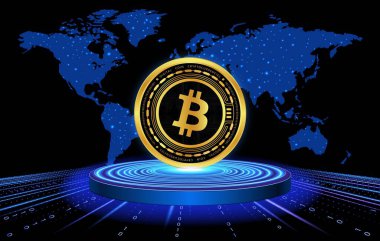 Dijital arkaplandaki bitcoin-btc logosunun görüntüleri. 3d illüstrasyon.