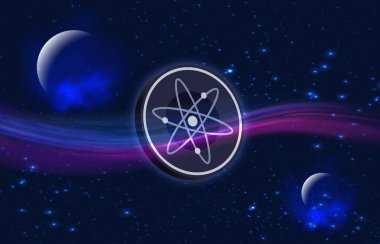Dijital arkaplanda kozmos-atom kripto para birimi görüntüleri. 3d illüstrasyon.