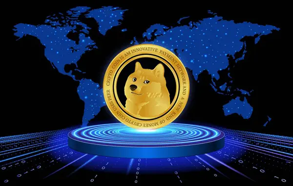 stock image images of dogecoin-dog crypto currency on digital background. 3d illustrations.