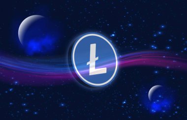 Dijital arkaplanda Litecoin-ltc şifreli para birimi logoları. 3d illüstrasyon.