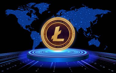 Dijital arkaplanda Litecoin-ltc şifreli para birimi logoları. 3d illüstrasyon.