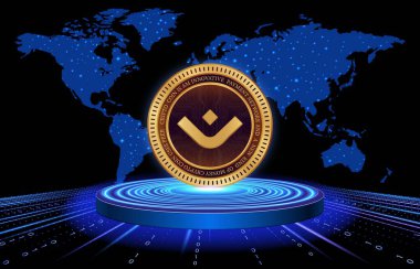 Dijital arkaplanda mantra-om kripto para birimi logoları. 3d illüstrasyon.