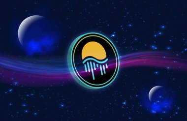 Dijital arka planda ay nehri taşıma madeni para logosu. 3d illüstrasyon.