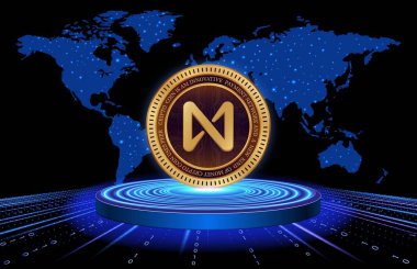 Dijital arka planda Protokol madeni para ve logonun yanında. 3d illüstrasyon resminin yanında.