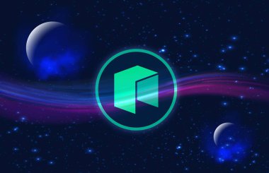 Dijital arkaplanda yeni sanal para birimi görüntüleri. 3d illüstrasyon.