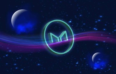 Dijital arka planda sanal para üreticisi-mkr madeni parasının bir görüntüsü. 3d illüstrasyon.