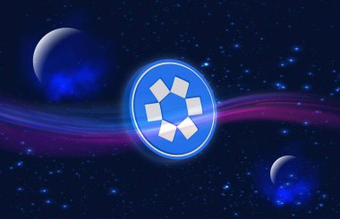 Dijital arkaplanda omni ağ-omni şifreli para birimi logoları. 3d illüstrasyon.