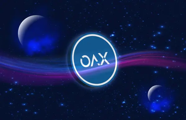 stock image Images of oax cryptocurrency on digital background. 3d illustrations.