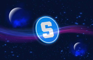  Soyut arka planda kum havuzu ve sanal para birimi logosu. 3d illüstrasyon.