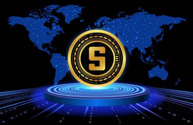  Soyut arka planda kum havuzu ve sanal para birimi logosu. 3d illüstrasyon.