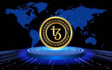 Teos-xtz dijital arkaplanda sanal para birimi görüntüsü. 3d illüstrasyon.