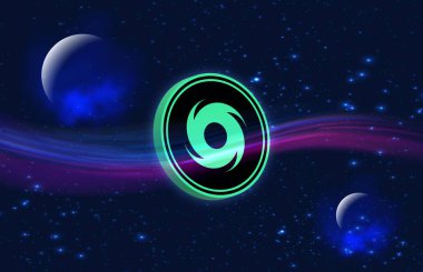 Dijital arkaplanda kripto para birimi logoları var. Kasırga, bozuk para. 3d illüstrasyon.