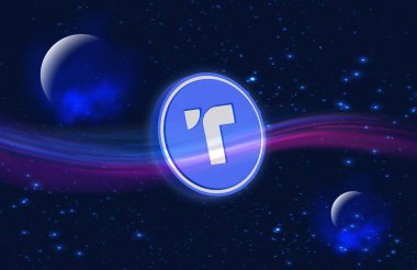 Dijital arkaplanda gerçek usd-tusd sanal para birimi resimleri. 3d illüstrasyon.