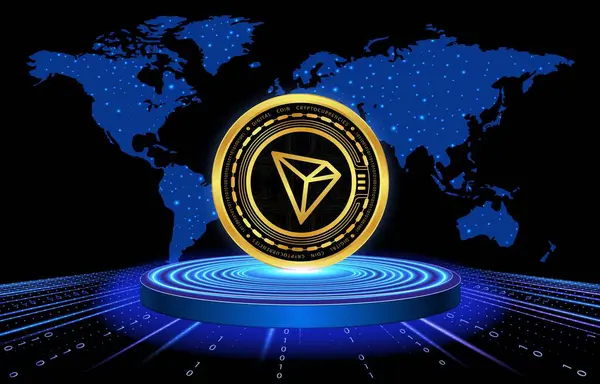 stock image Images of tron-trx cryptocurrency on digital background. 3d illustrations.