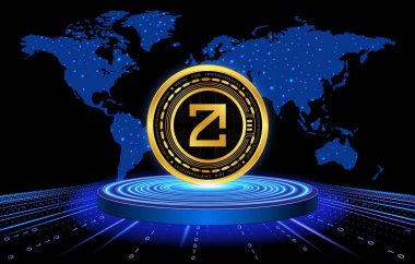 Soyut arkaplanda zetachain-zeta kripto para birimi logosu çizimleri. 3d illüstrasyon.