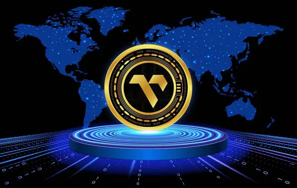 stock image Vanar-vanry cryptocurrency logos on digital background. 3d illustrations.