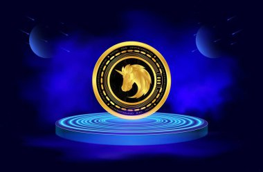 5 cm 'lik ağ ve dijital arkaplanda bozuk para logosu görüntüsü. 3d illüstrasyon.