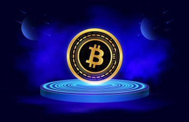 Dijital arkaplandaki bitcoin-btc logosunun görüntüleri. 3d illüstrasyon.