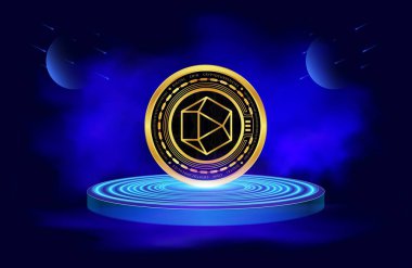 Dijital arkaplanda polihedra-zkj şifreli para birimi logoları. 3d illüstrasyon.