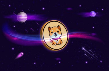 Bebek Doge dijital arka planda şifreli para birimi logoları. 3d illüstrasyon.