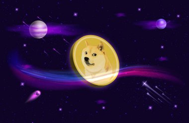 Dijital arkaplanda dogecoin-dog kripto para biriminin görüntüleri. 3d illüstrasyon.