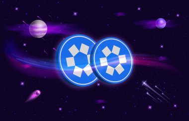 Dijital arkaplanda omni ağ-omni şifreli para birimi logoları. 3d illüstrasyon.