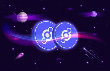 Dijital arkaplanda Helyum-hnt şifreli para birimi resimleri. 3d illüstrasyon.