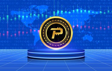 Dijital arkaplanda kripto para birimi logoları var. Pascal-Pasc madeni parası. 3d illüstrasyon.