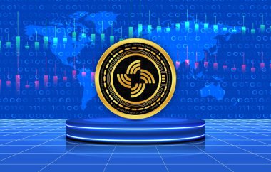 Images of streamr-data cryptocurrency logos on digital background. 3d illustrations. clipart