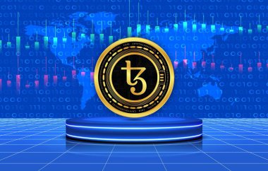 tezos-xtz virtual currency image in the digital background. 3d illustrations. clipart