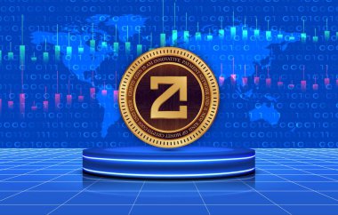 Soyut arkaplanda zetachain-zeta kripto para birimi logosu çizimleri. 3d illüstrasyon.