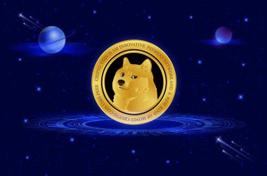 Dijital arkaplanda dogecoin-dog kripto para biriminin görüntüleri. 3d illüstrasyon.