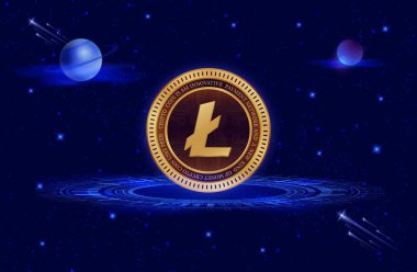 Dijital arkaplanda Litecoin-ltc şifreli para birimi logoları. 3d illüstrasyon.