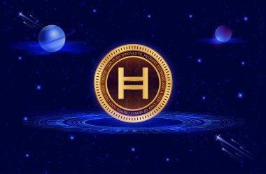 Dijital arkaplanda hedera hashgraph-hbar şifreli para birimi resimleri. 3d illüstrasyon.