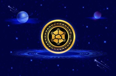Dijital arkaplanda Storj kripto para birimi resimleri. 3d illüstrasyon.