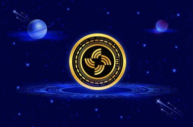 Images of streamr-data cryptocurrency logos on digital background. 3d illustrations. clipart