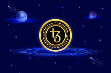 Teos-xtz dijital arkaplanda sanal para birimi görüntüsü. 3d illüstrasyon.